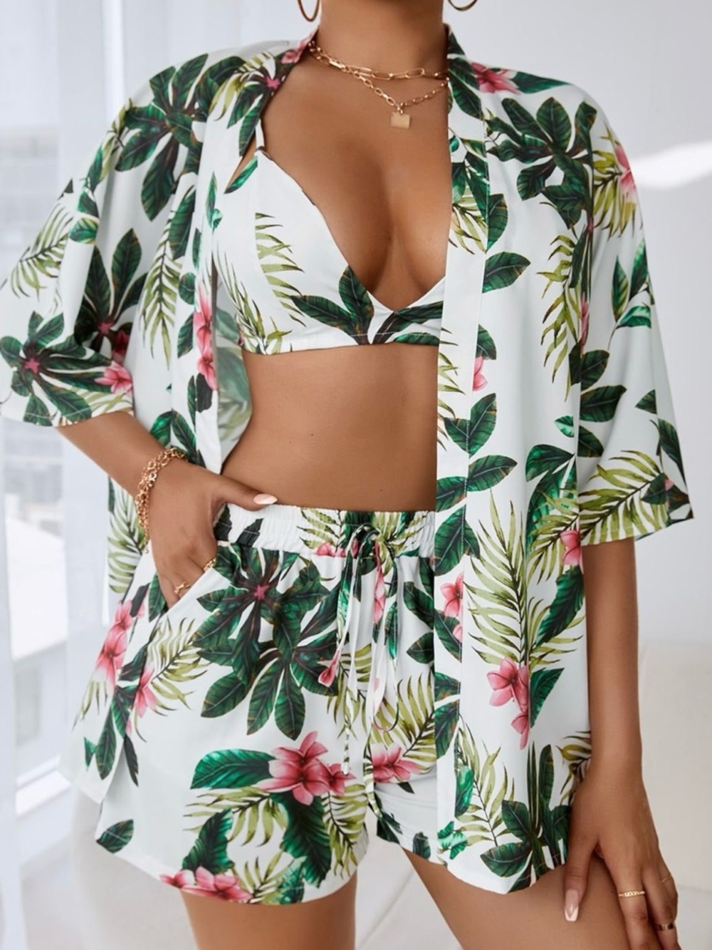 3-Piece Tropical Print Vacation Set – Kimono, Bralette & Shorts (Runs Small)